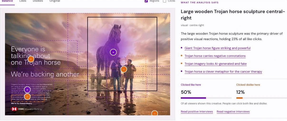 Creative explorer showing reactions on an HSBC Trojan horse ad, with likes, dislikes and the reasons behind them